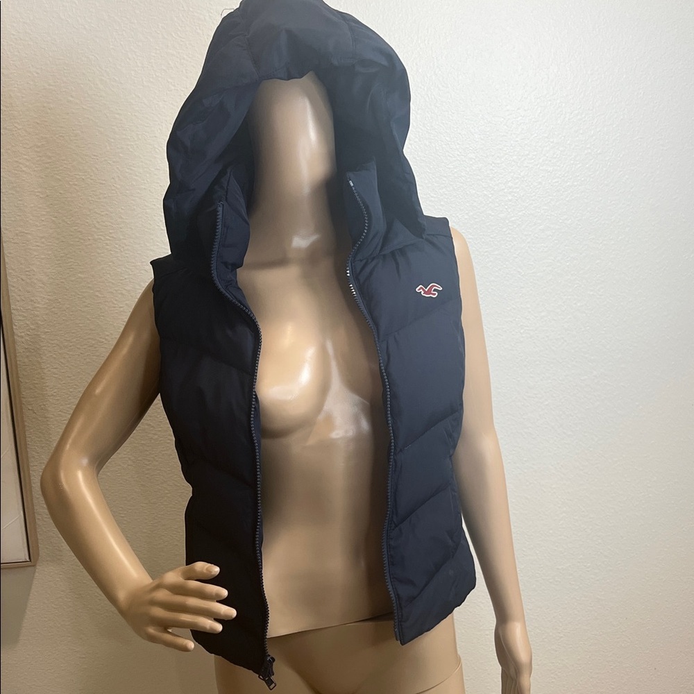 Holister Navy Hooded Puffer Vest- Double Zipper